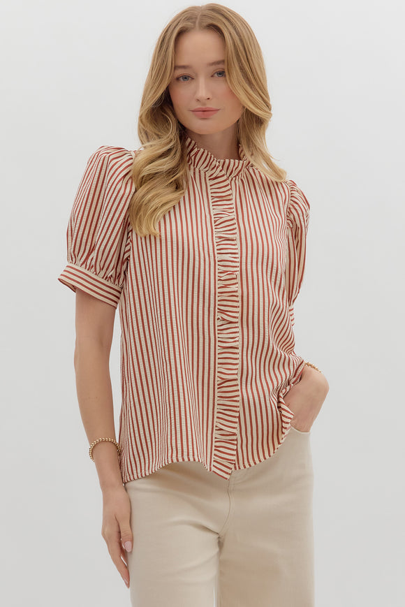 Ruffle Accent Stripe Puff Sleeve Top | Rust
