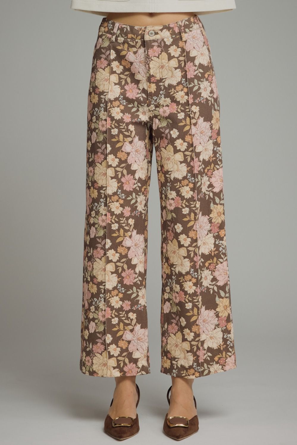 Floral Front Seam Detail Pants | Brown Mix