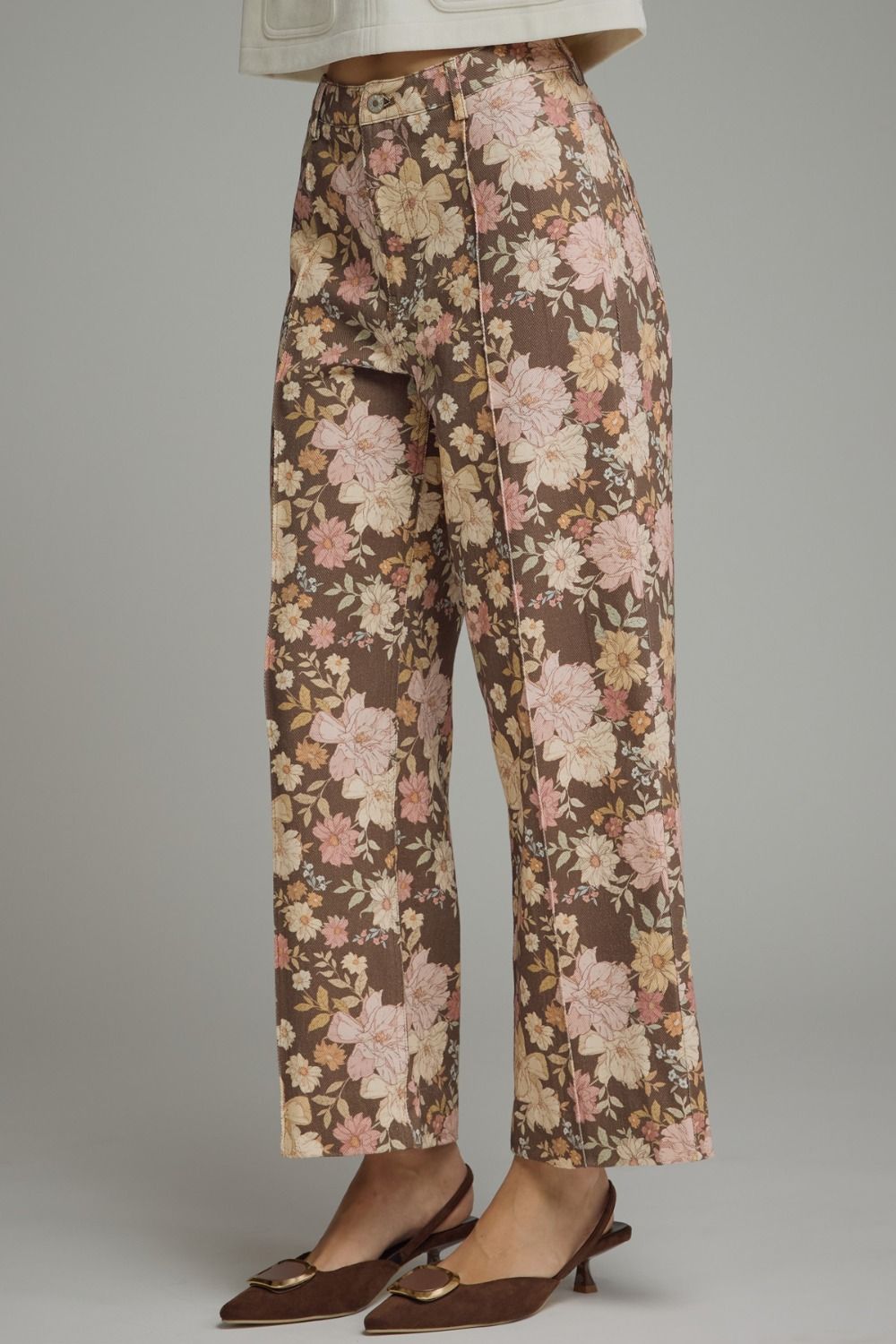 Floral Front Seam Detail Pants | Brown Mix