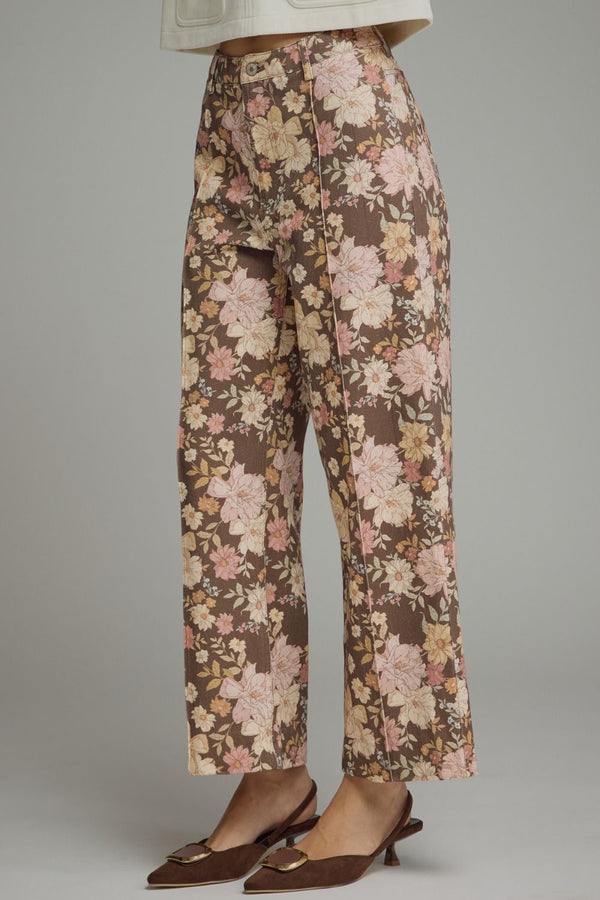 Floral Front Seam Detail Pants | Brown Mix