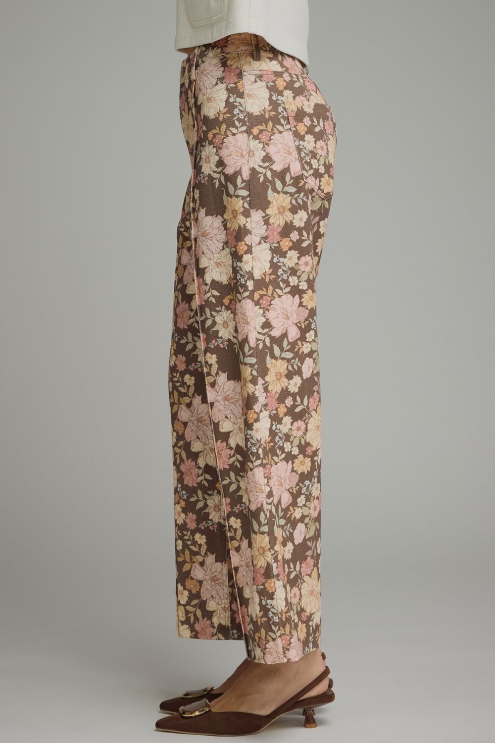 Floral Front Seam Detail Pants | Brown Mix