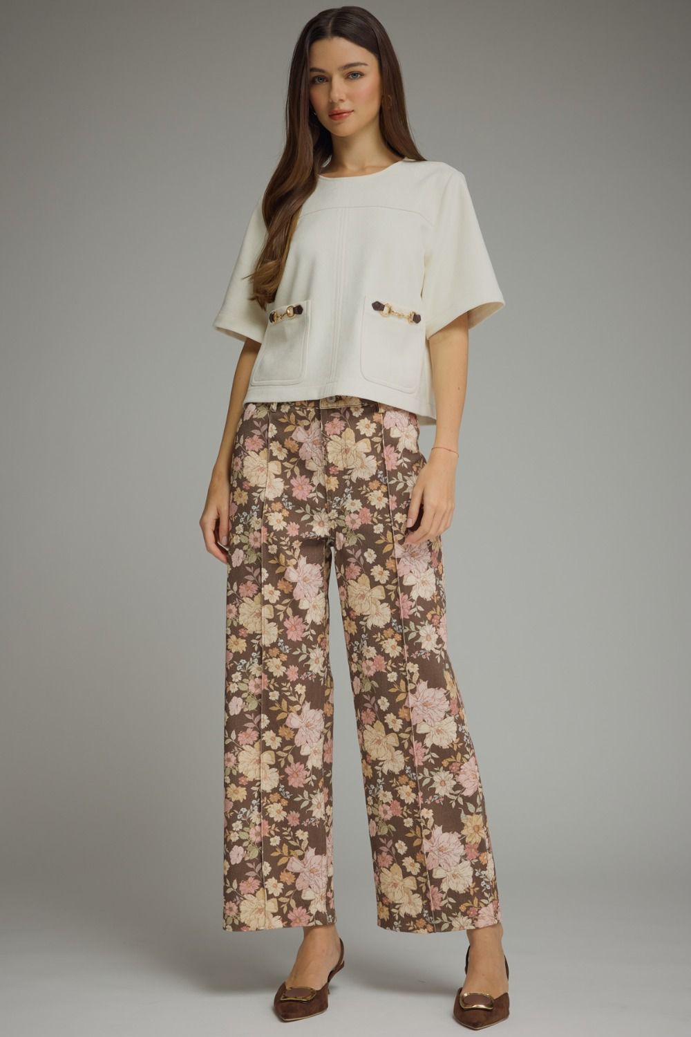 Floral Front Seam Detail Pants | Brown Mix