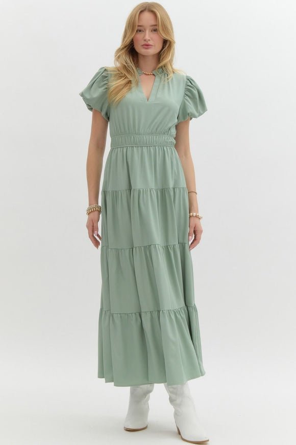 Split Neck Tiered Midi Dress | Sage