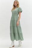 Split Neck Tiered Midi Dress | Sage