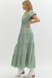 Split Neck Tiered Midi Dress | Sage
