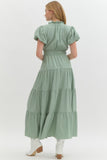 Split Neck Tiered Midi Dress | Sage