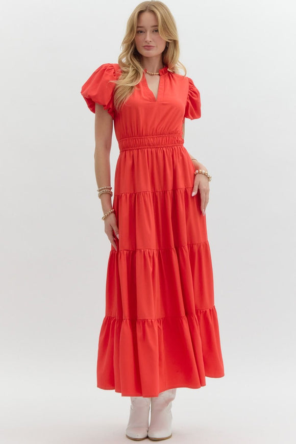 Split Neck Tiered Midi Dress | Red