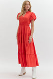 Split Neck Tiered Midi Dress | Red