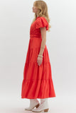 Split Neck Tiered Midi Dress | Red