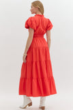 Split Neck Tiered Midi Dress | Red