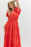 Split Neck Tiered Midi Dress | Red