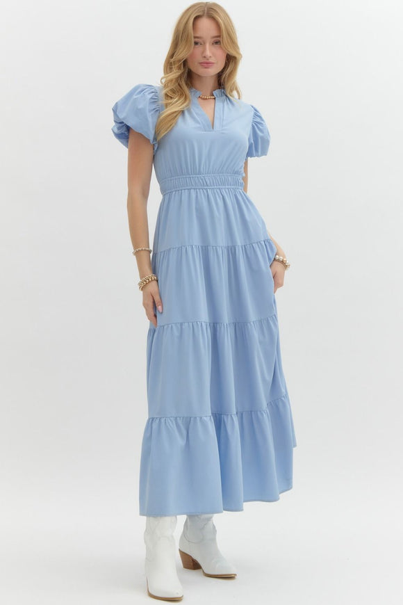 Split Neck Tiered Midi Dress | Chambray