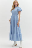 Split Neck Tiered Midi Dress | Chambray