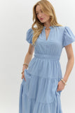 Split Neck Tiered Midi Dress | Chambray