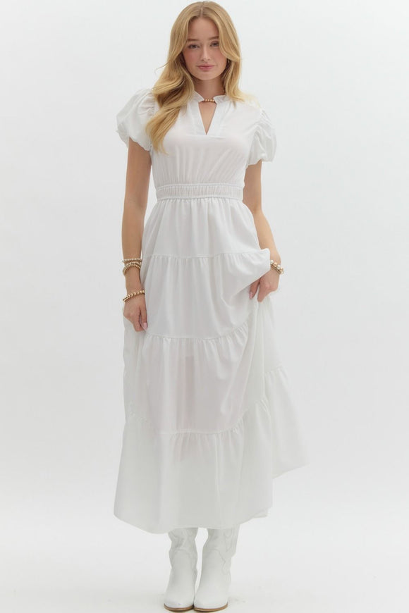Split Neck Tiered Midi Dress | Off White
