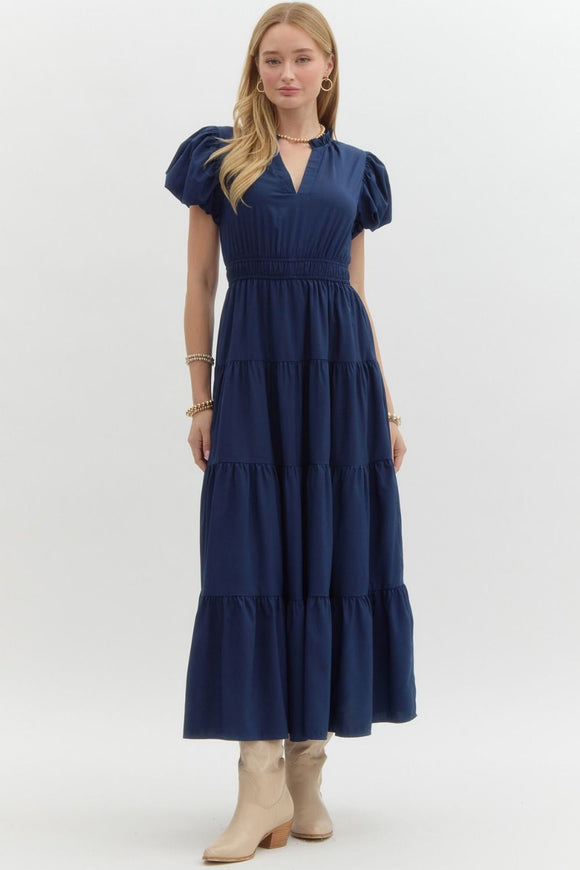 Split Neck Tiered Midi Dress | Navy Blue