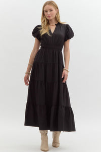 Split Neck Tiered Midi Dress | Black