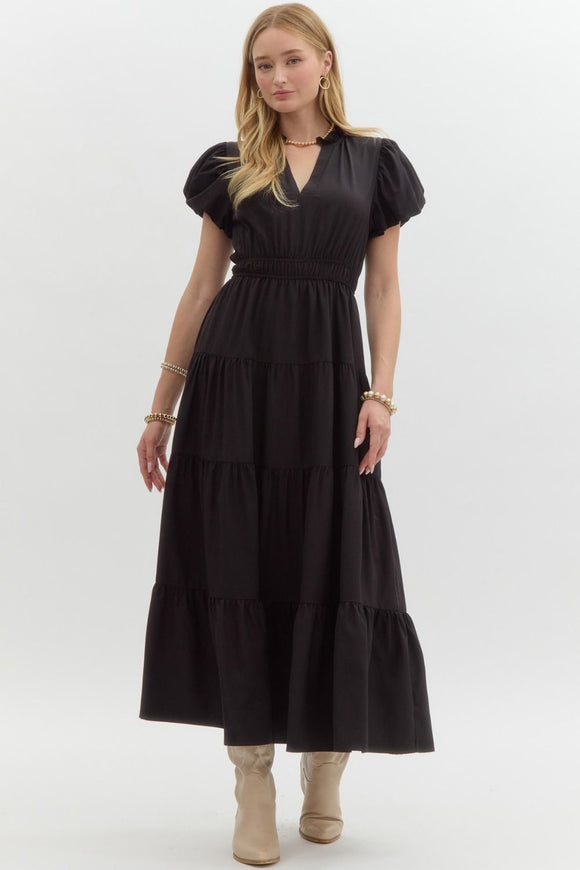 Split Neck Tiered Midi Dress | Black
