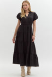 Split Neck Tiered Midi Dress | Black