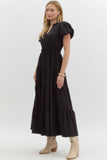 Split Neck Tiered Midi Dress | Black