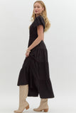 Split Neck Tiered Midi Dress | Black