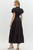 Split Neck Tiered Midi Dress | Black