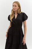 Split Neck Tiered Midi Dress | Black