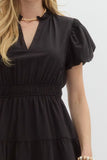Split Neck Tiered Midi Dress | Black