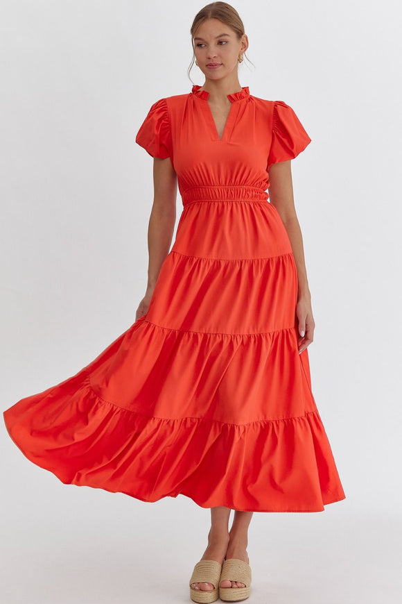 Solid Ruffled Midi Dress | Red