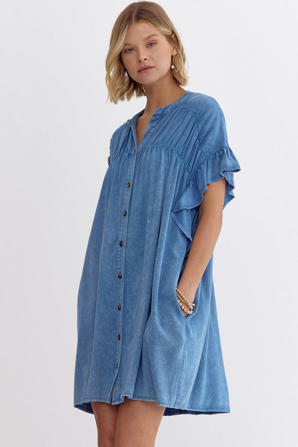 Luxe Washed Denim Button Dress | Blue