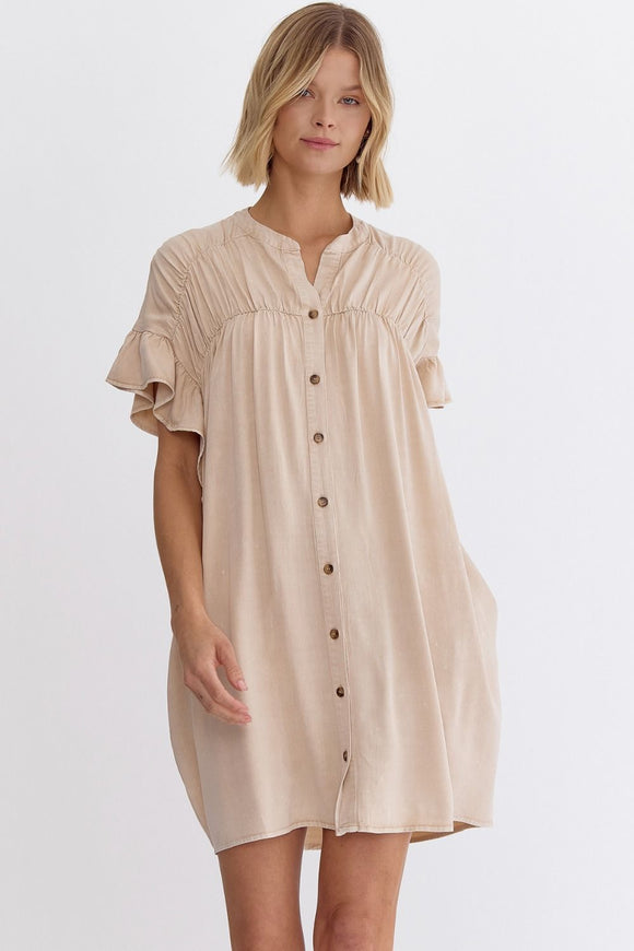 Luxe Washed Denim Button Dress | Taupe