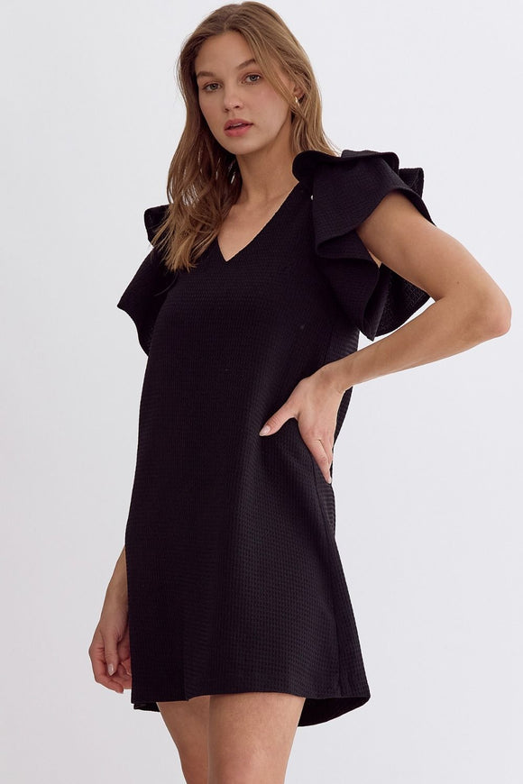 Pearl Accent Waffle Texture Dress | Black