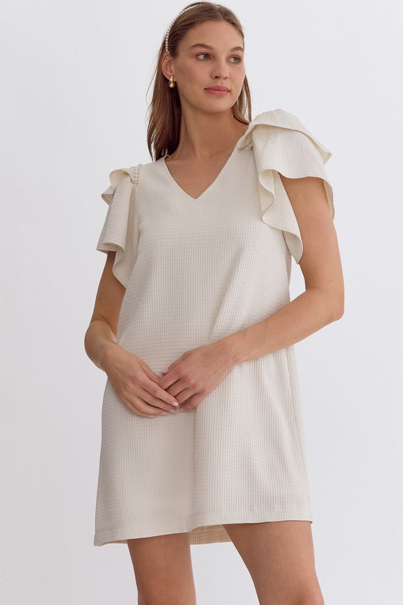 Pearl Accent Waffle Texture Dress | Cream