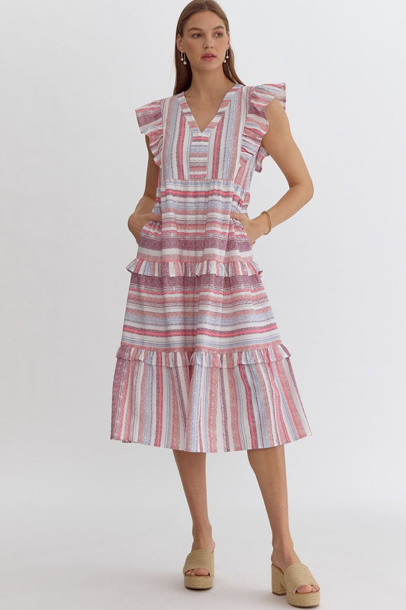 Striped Ruffle Midi Dress | Berry Multi