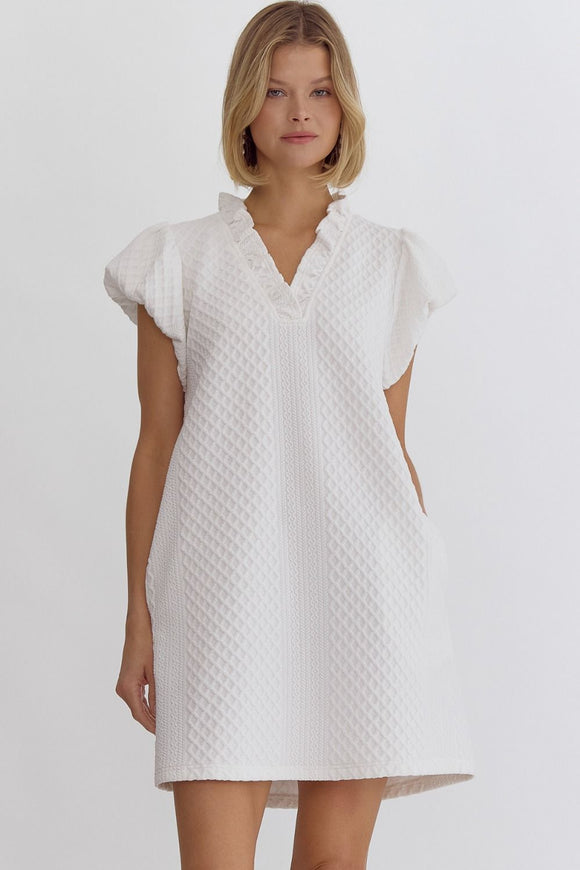Textured Ruffle Trim Dress | White