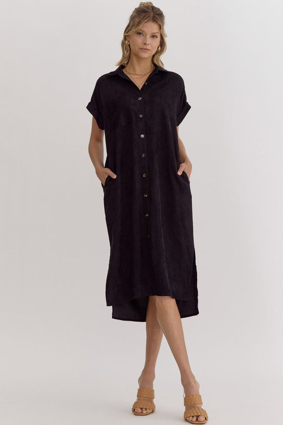 Corduroy Button Down Midi Dress | Black