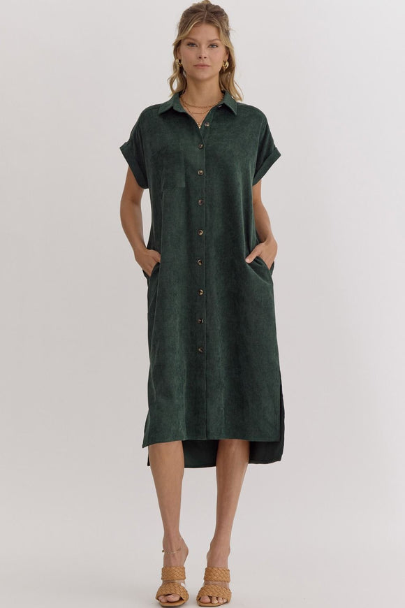 Corduroy Button Down Midi Dress | Forest