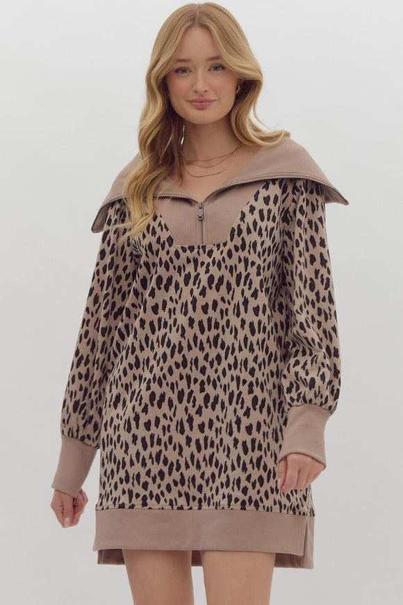 Leopard Half Zip Sweatshirt Dress | Taupe