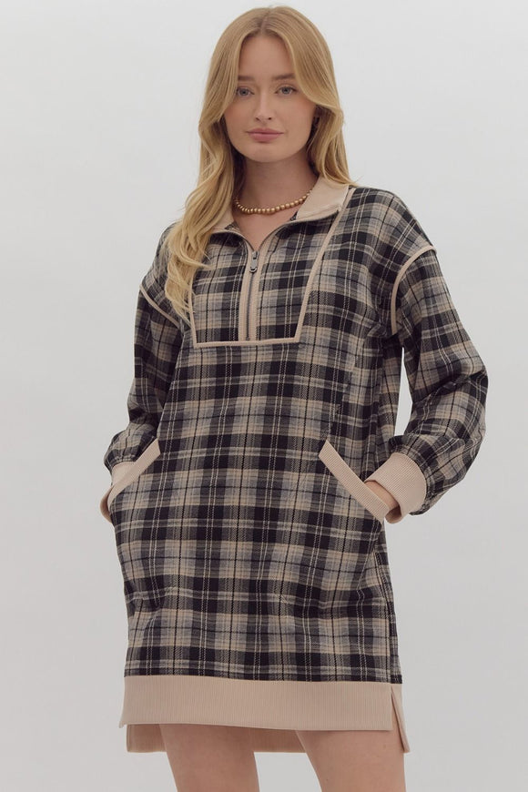 Plaid Half Zip Sweatshirt Dress | Black