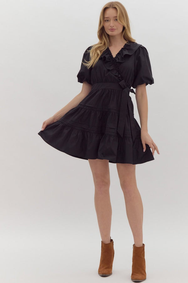 Ruffled V-Neck Wrap Dress | Black