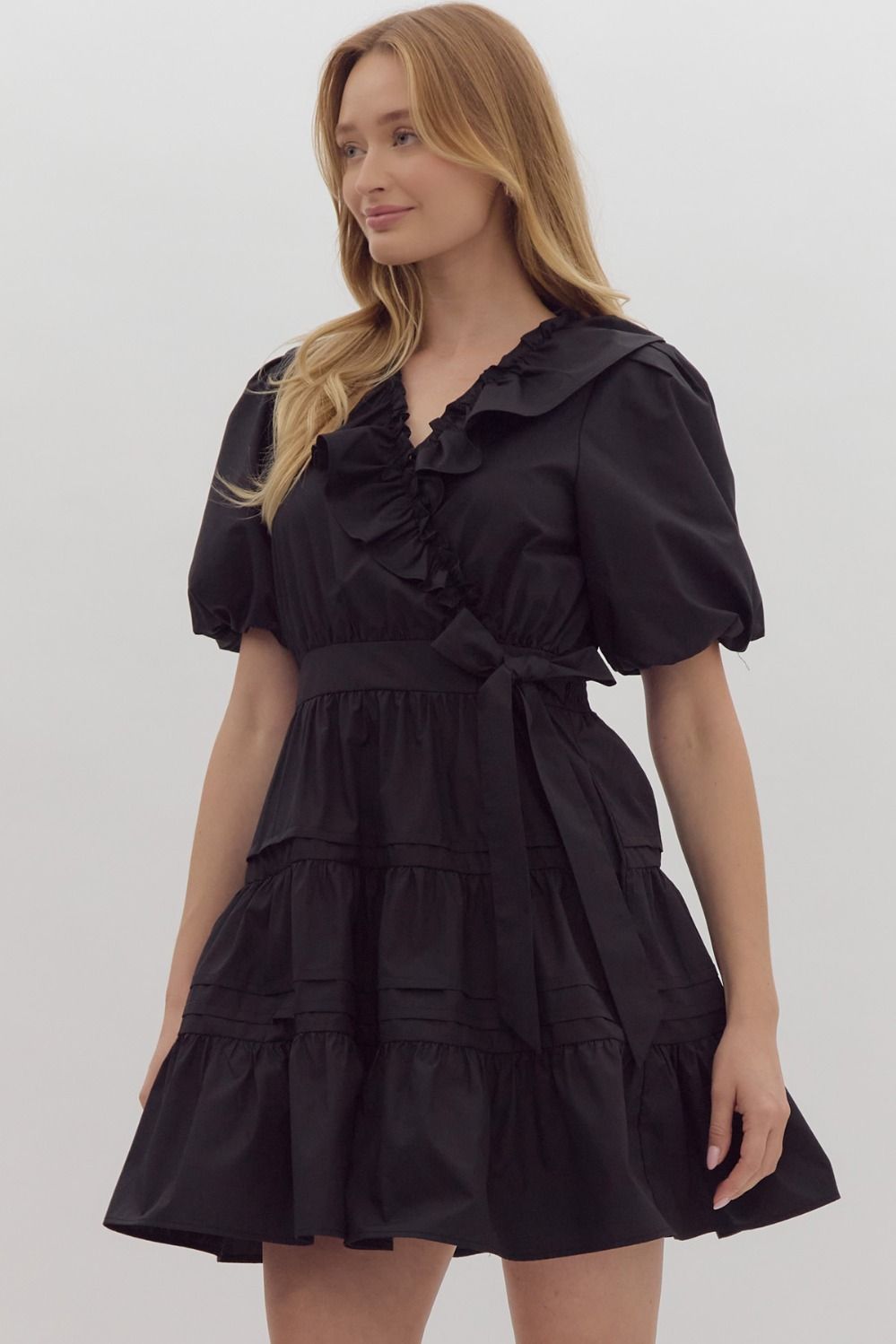 Ruffled V-Neck Wrap Dress | Black