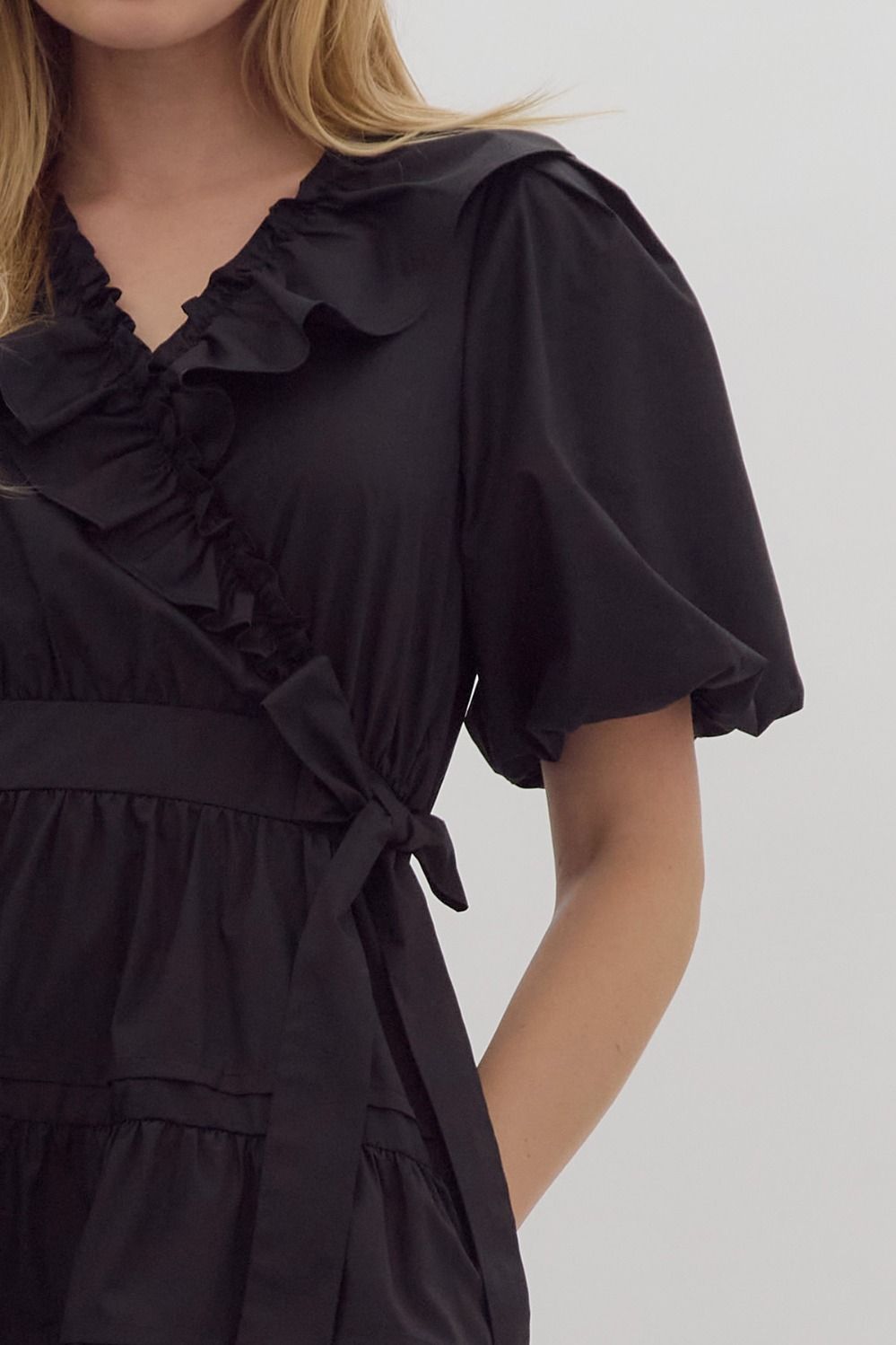 Ruffled V-Neck Wrap Dress | Black