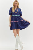 Lantern Sleeve Scallop Accent Dress | Navy