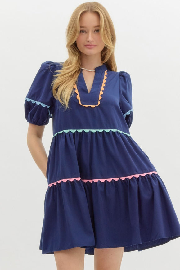 Lantern Sleeve Scallop Accent Dress | Navy