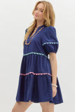 Lantern Sleeve Scallop Accent Dress | Navy