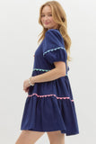 Lantern Sleeve Scallop Accent Dress | Navy