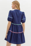 Lantern Sleeve Scallop Accent Dress | Navy