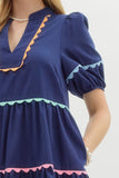 Lantern Sleeve Scallop Accent Dress | Navy