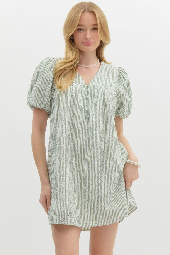 Striped Floral Embroidered Dress | Green