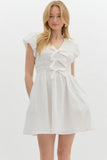 Smocked Bubble Sleeve Bow Detail Dress | Off White